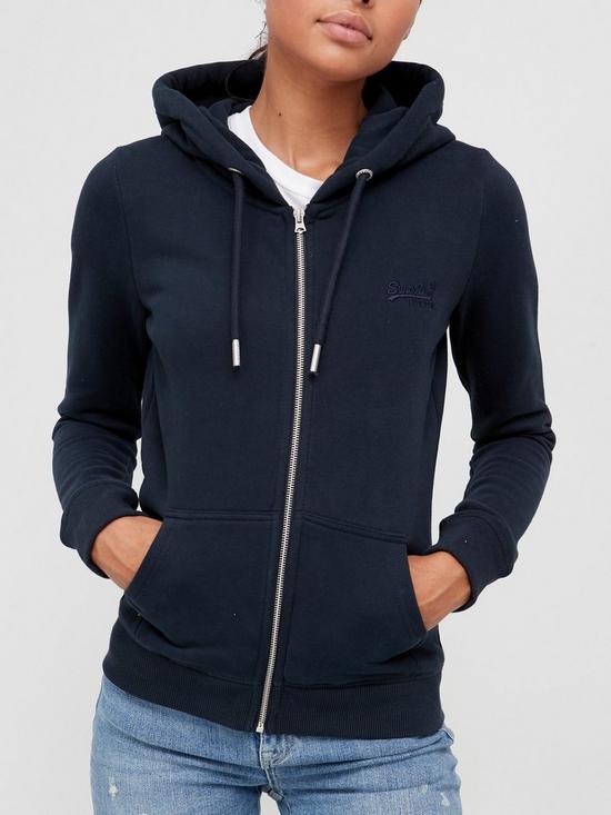 front image of superdry-embroidered-vintage-logo-zip-through-hoodie-navy