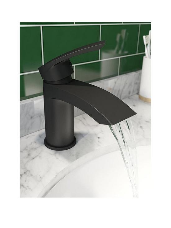 front image of orchard-bathrooms-matt-black-curved-basin-mixer-tap