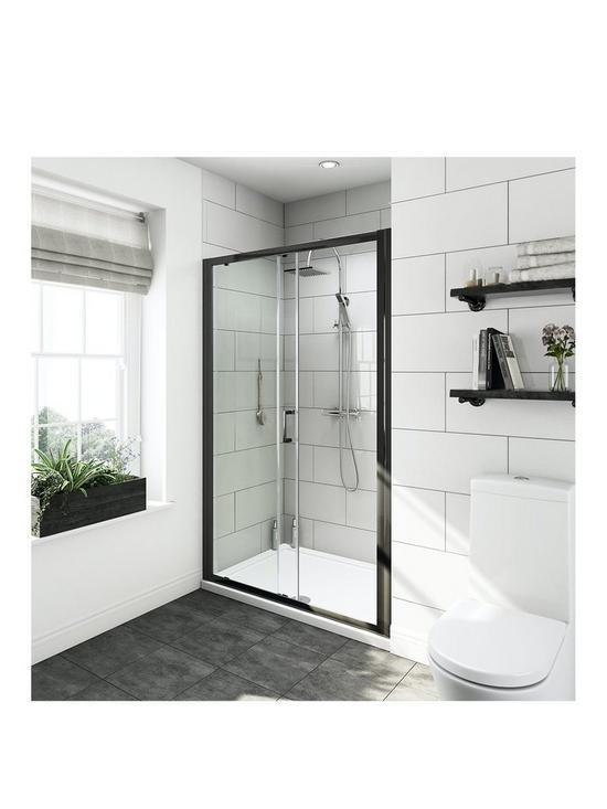front image of orchard-bathrooms-by-victoria-plum-cooper-6mm-black-framed-shower-door-and-tray-1200-x-800