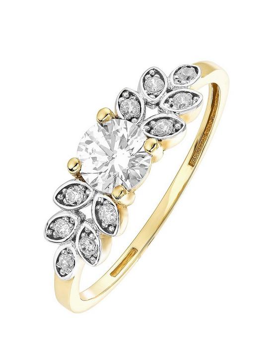 front image of love-gold-9ct-2-colour-yellow-and-white-gold-cubic-zirconia-leaf-shoulder-ring