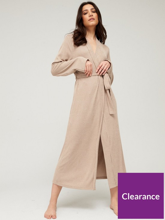 front image of v-by-very-rib-lightweight-dressing-gown-oatmeal