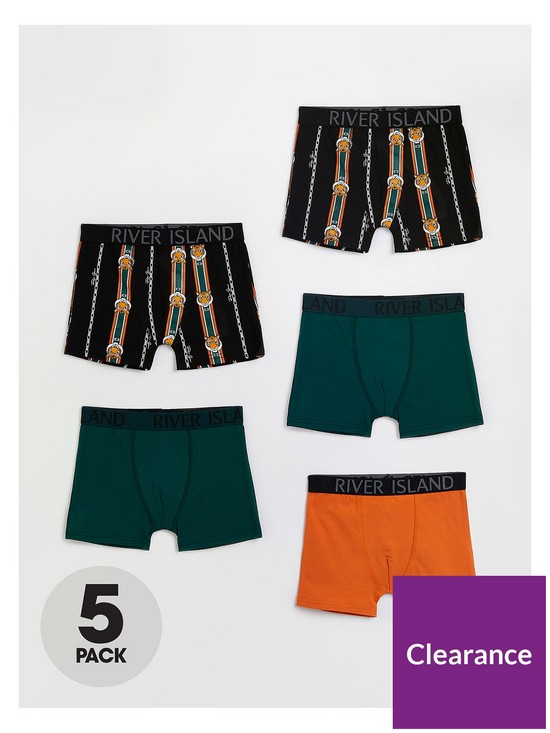 front image of river-island-boys-5-pack-tiger-boxers-green