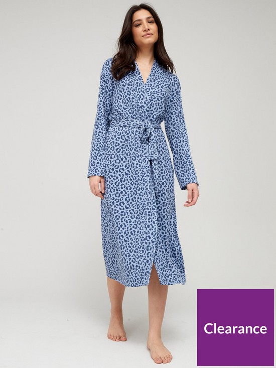 front image of v-by-very-animal-print-rib-lightweight-dressing-gown-navy