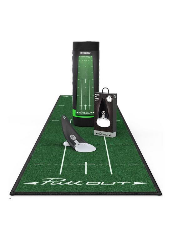 front image of puttout-combo-set-plain-box-containing-stone-premium-trainer-mid-green-mat