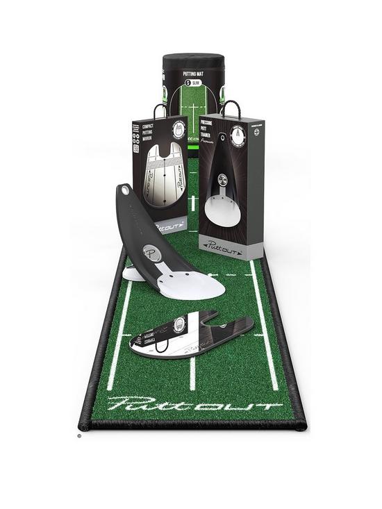 front image of puttout-compact-set-plain-box-containing-stone-premium-trainer-compact-green-mat-compact-mirror