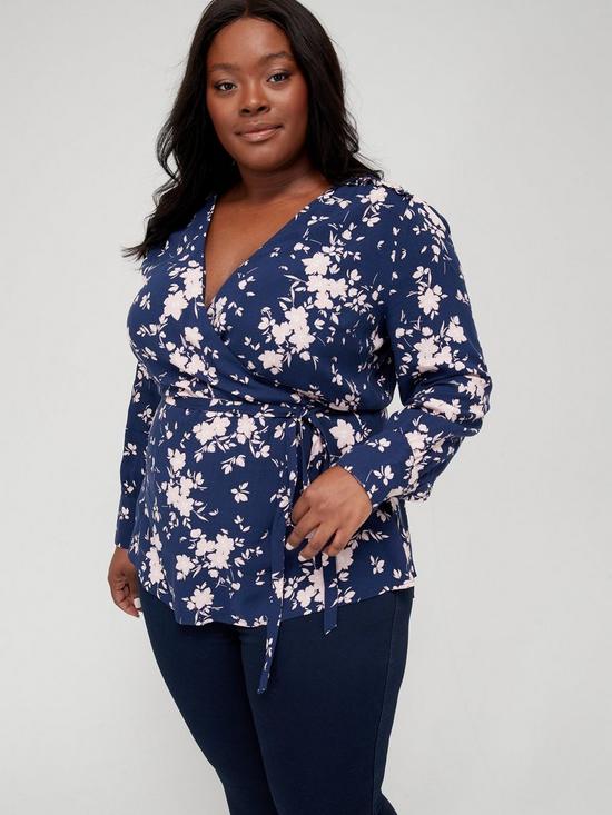 front image of v-by-very-curve-long-sleeve-wrap-detail-blouse-navyfloral