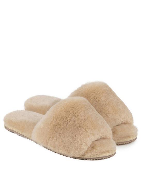 front image of just-sheepskin-lily-open-toe-sheepskin-slider-slipper-caramel