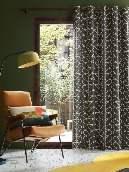 front image of orla-kiely-linear-stem-lined-eyelet-curtains-charcoal