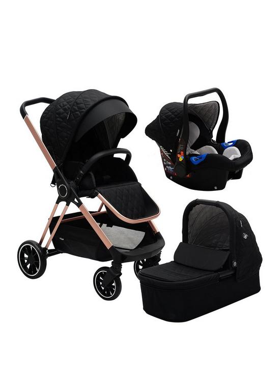 front image of my-babiie-billie-faiers-rose-gold-black-quilted-travel-system