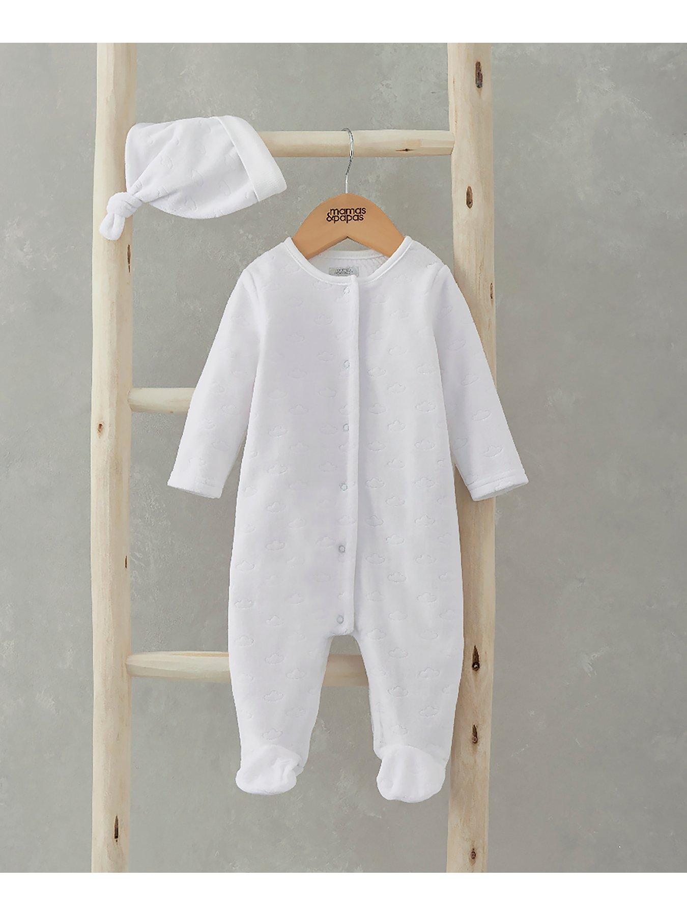 image of mamas-papas-unisex-baby-cloud-velour-sleepsuit-with-hat-white