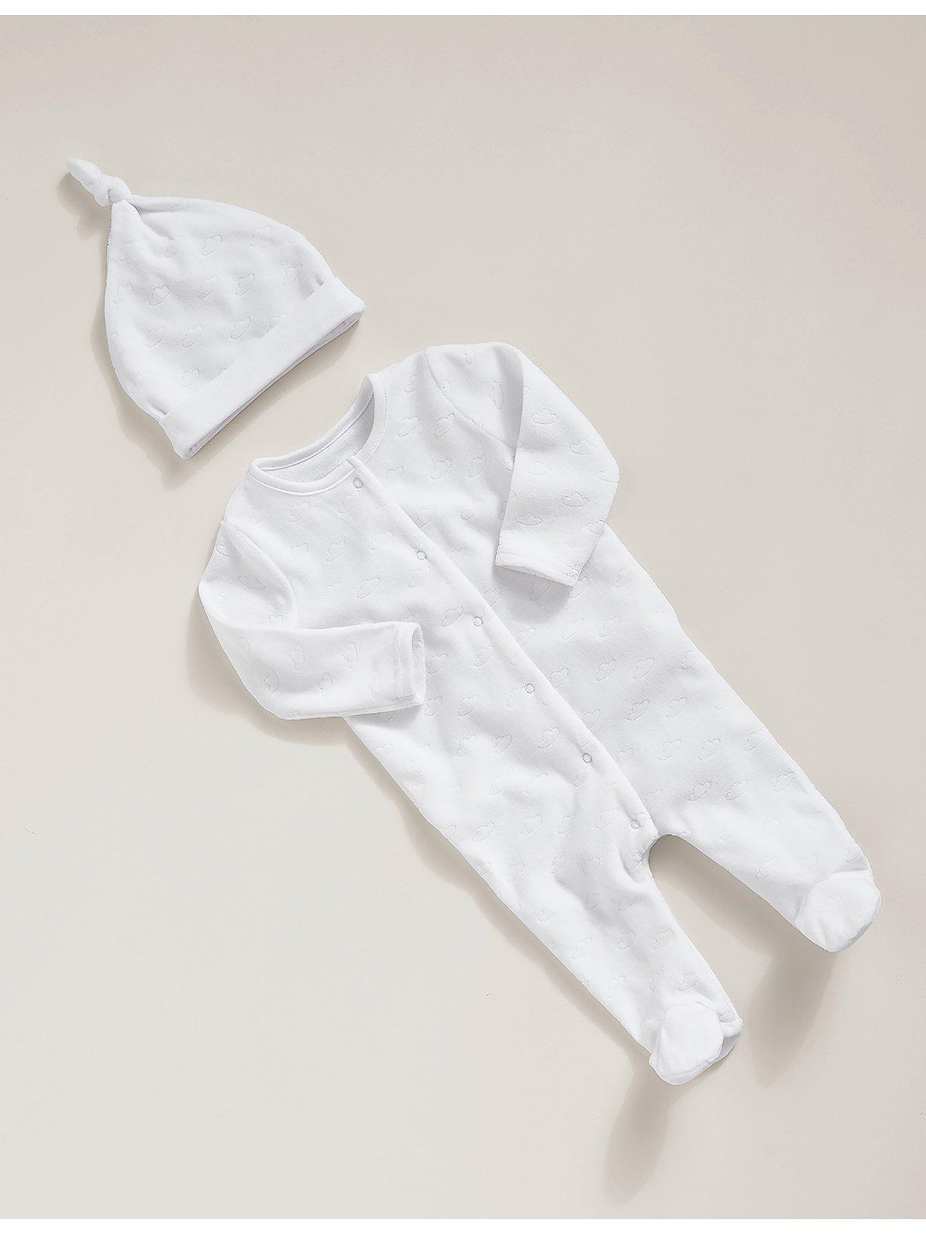  image of mamas-papas-unisex-baby-cloud-velour-sleepsuit-with-hat-white
