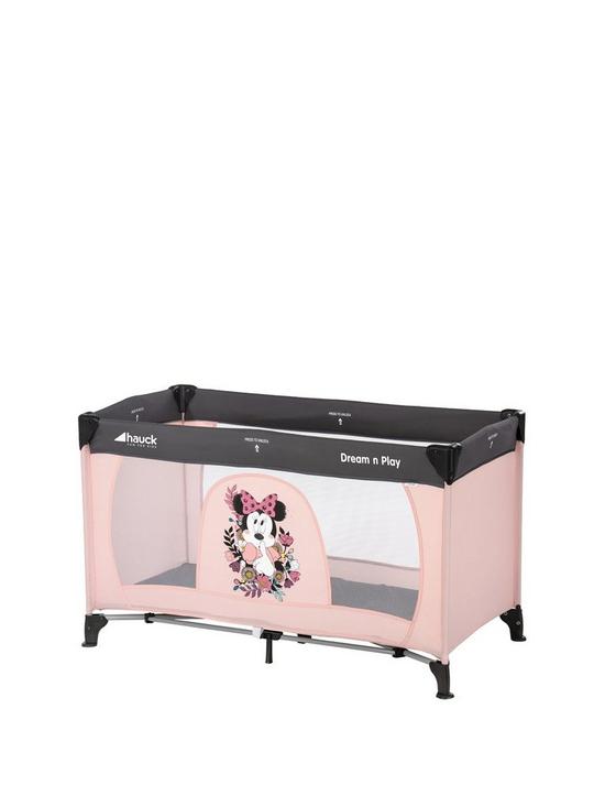 front image of hauck-disney-dreamn-play-travel-cot-minnie-sweetheart