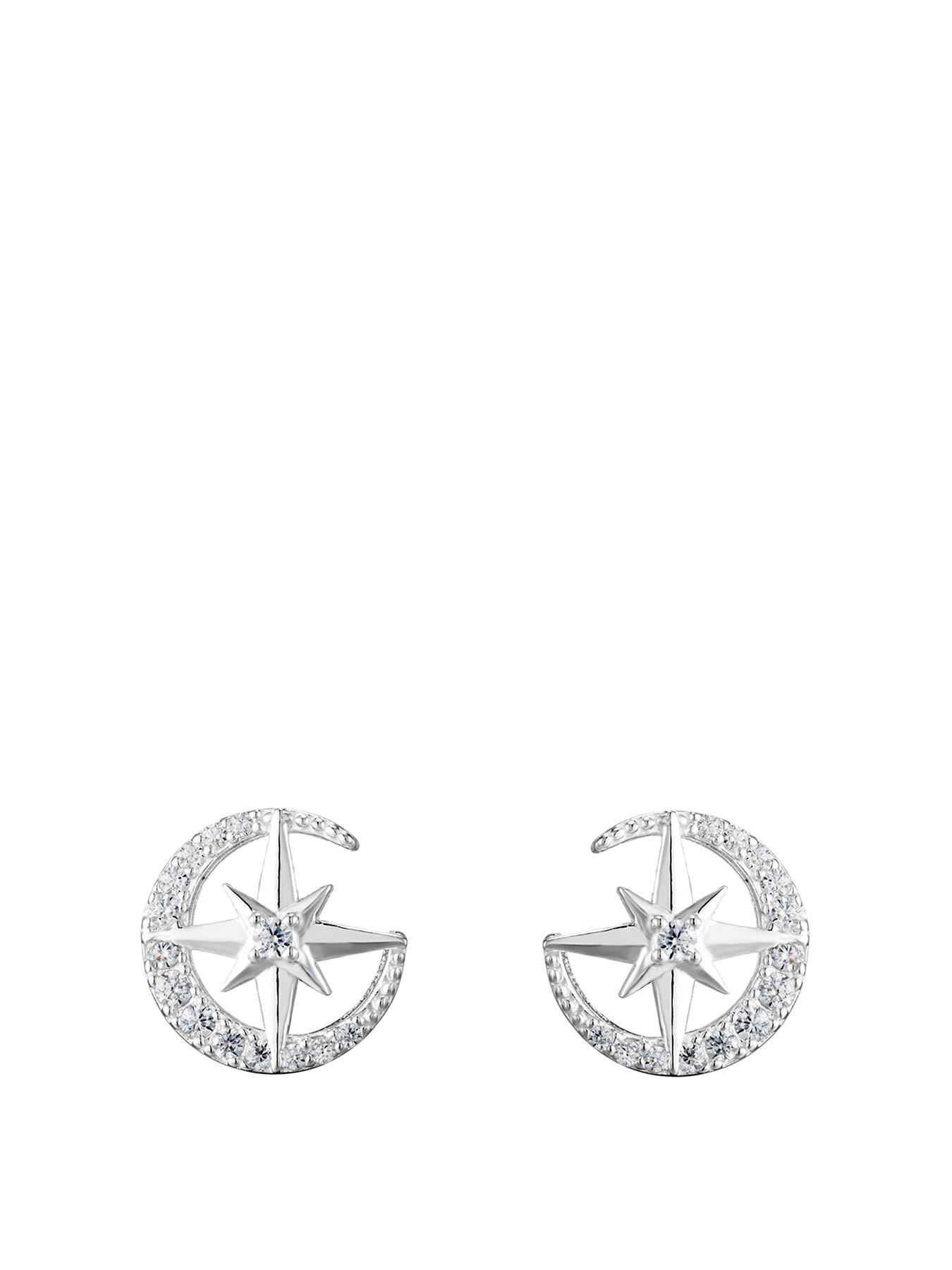 Image 1 of 5 of The Love Collection Sterling Silver &amp; Cubic Zirconia Moon &amp; Star Stud Earrings