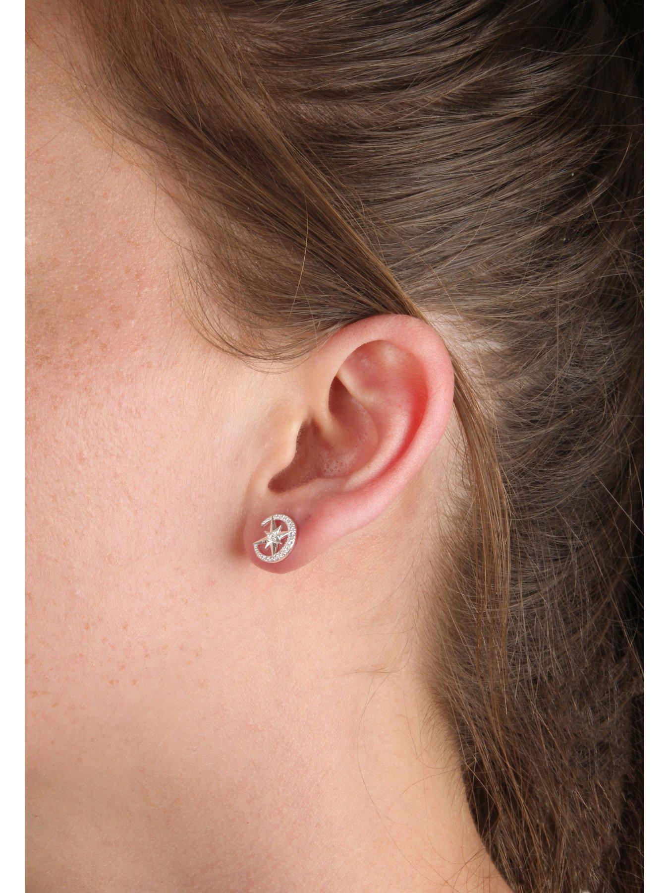 Image 2 of 5 of The Love Collection Sterling Silver &amp; Cubic Zirconia Moon &amp; Star Stud Earrings