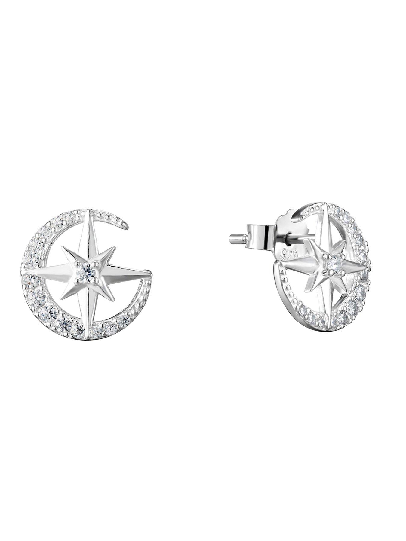 Image 3 of 5 of The Love Collection Sterling Silver &amp; Cubic Zirconia Moon &amp; Star Stud Earrings