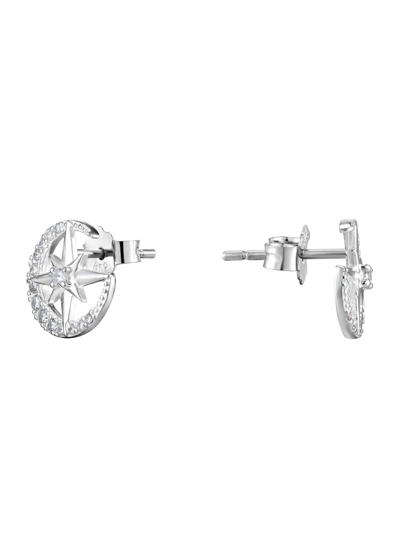 Image 4 of 5 of The Love Collection Sterling Silver &amp; Cubic Zirconia Moon &amp; Star Stud Earrings