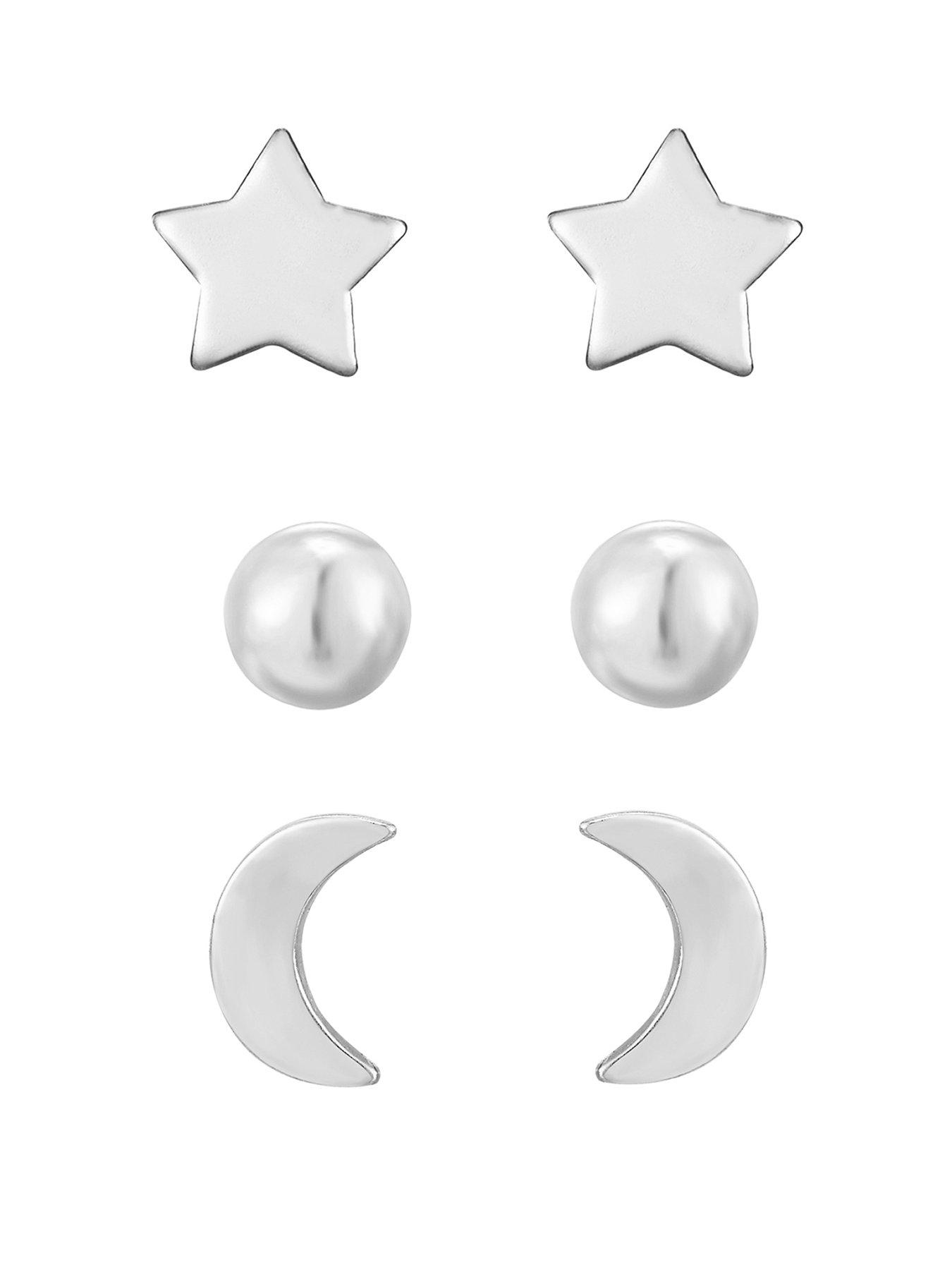 The Love Collection Sterling Silver 3 pack Moon, Star, Ball Stud Earrings