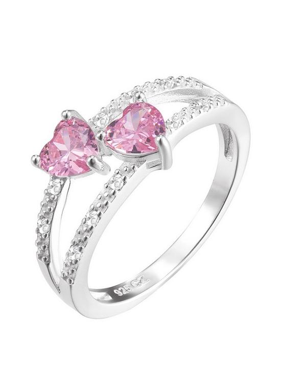 front image of the-love-silver-collection-sterling-silver-pink-heart-cubic-zirconia-double-row-ring