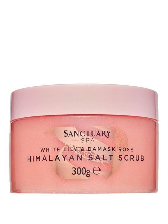 front image of sanctuary-spa-white-lily-amp-damask-rose-himalayan-salt-scrub-300g