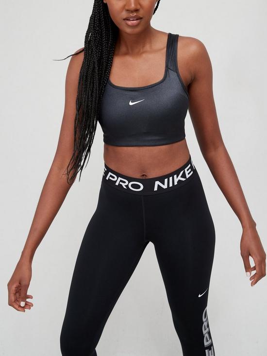 front image of nike-swoosh-medium-support-shine-bra-black