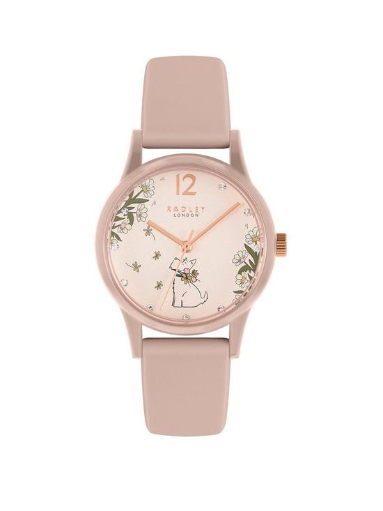 front image of radley-ladies-cobweb-silicone-strap-floral-dog-dial-watch-ry21284