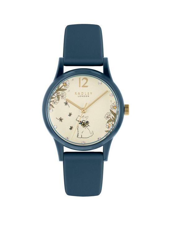 front image of radley-ladies-teal-silicone-strap-floral-dog-dial-watch-ry21286