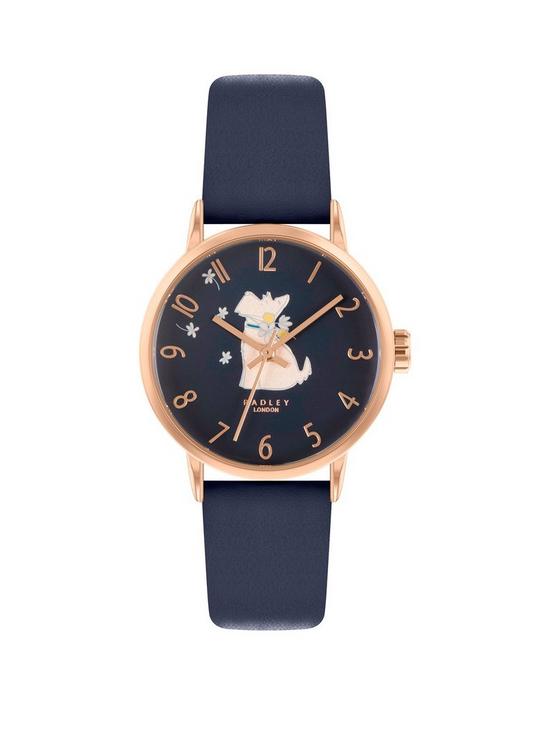 front image of radley-ladies-dog-holding-flowers-dial-with-ink-strap-and-rose-gold-case-ry21268