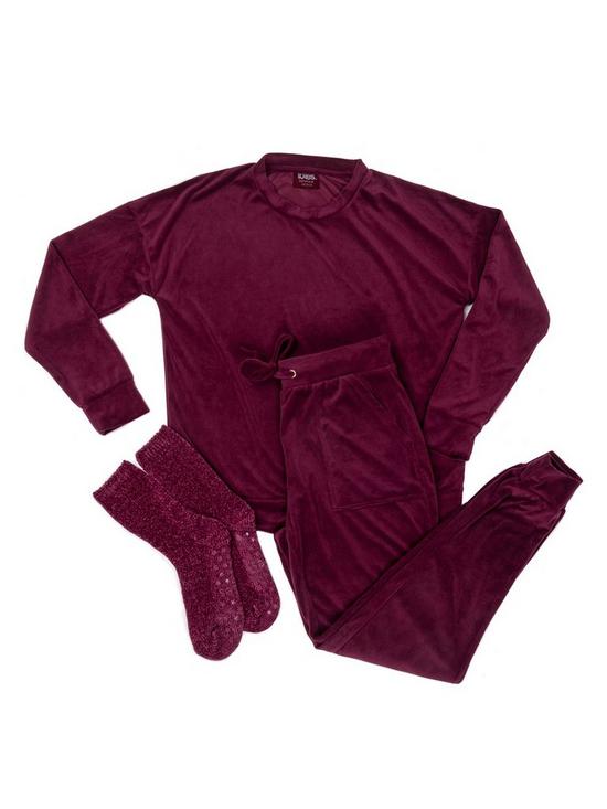 back image of totes-velour-loungewear-and-sock-set-plum