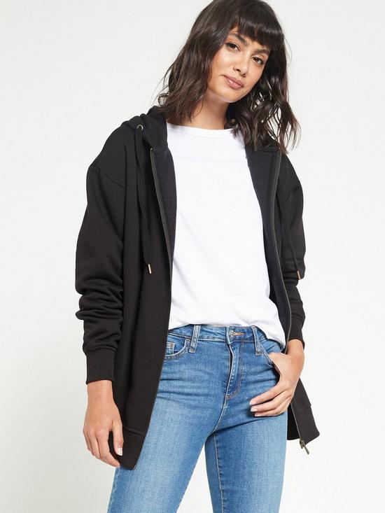 front image of everyday-the-essential-oversized-zip-through-hoodie-black