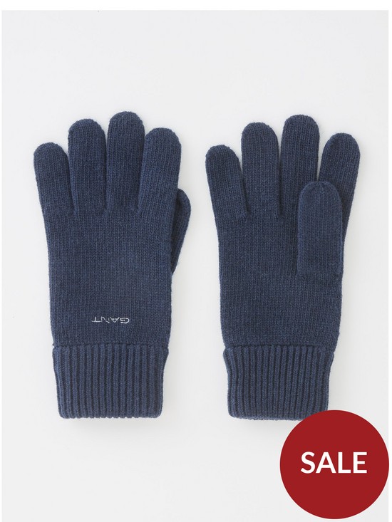 front image of gant-wool-knitted-gloves-marine-blue-melange