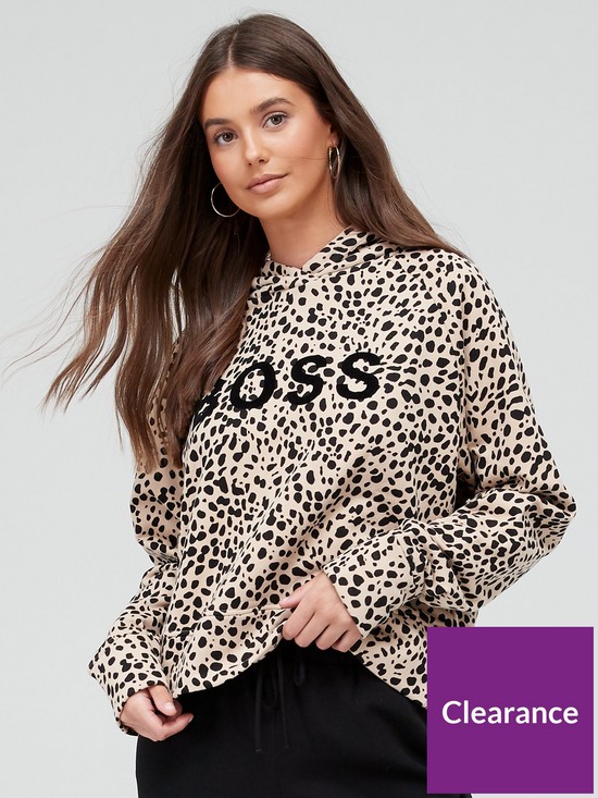 front image of boss-leopard-print-hoodie-brown