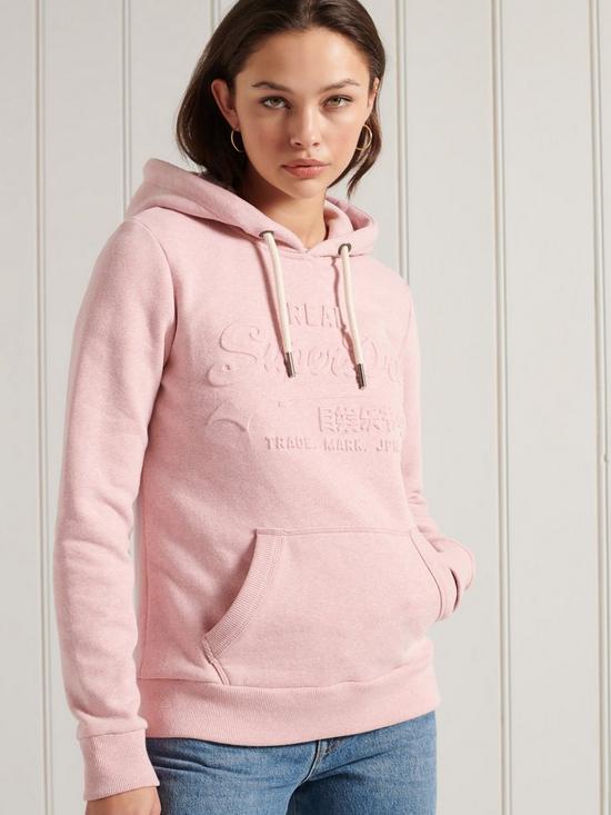 front image of superdry-vintage-logo-embossed-hoodie-pink