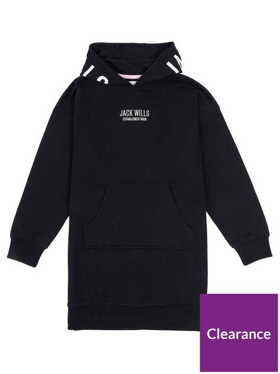front image of jack-wills-girls-logo-hoodie-sweatdress-black