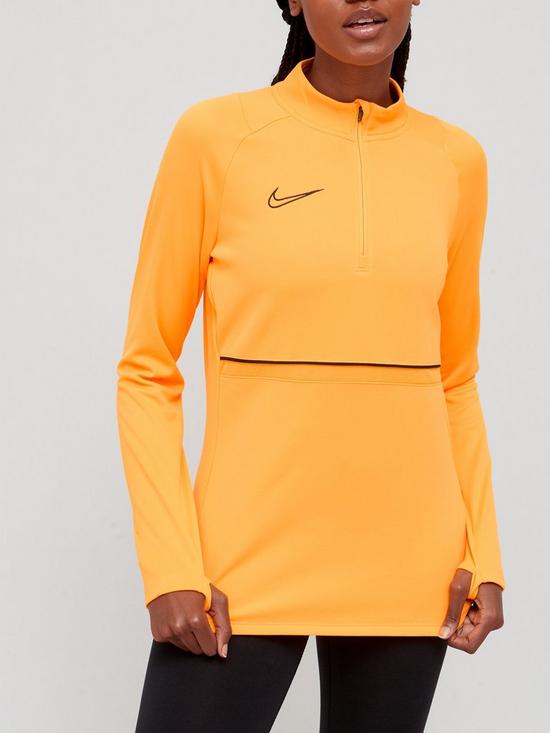 front image of nike-womens-dri-fit-academy-21-drill-top-mustard