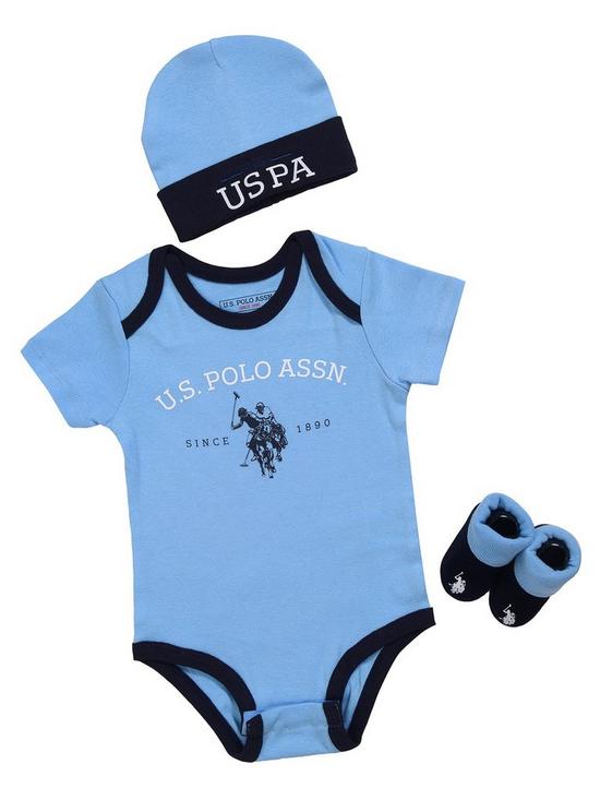 front image of us-polo-assn-infant-bodysuit-set-blue