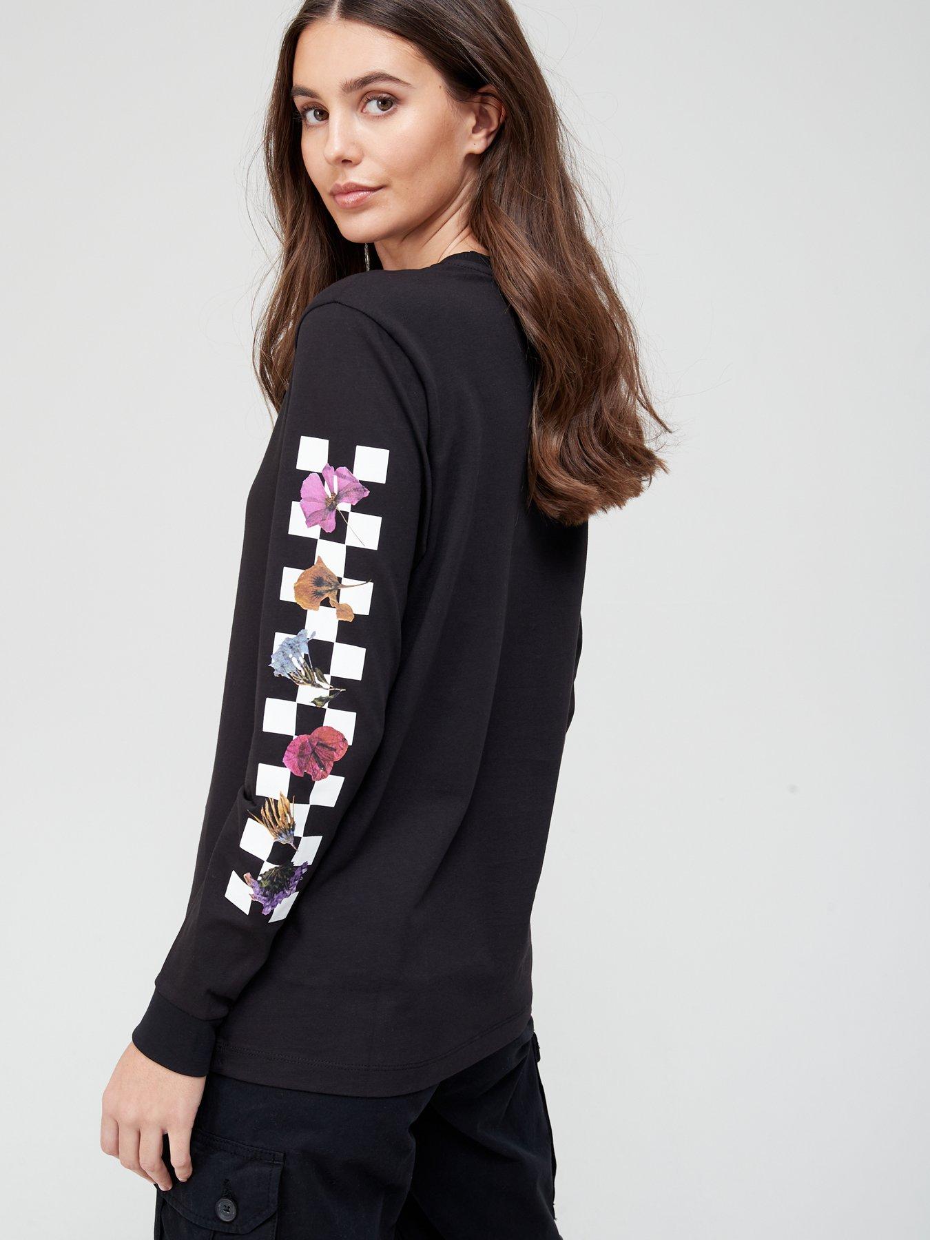 vans rose checkerboard sleeve black hoodie