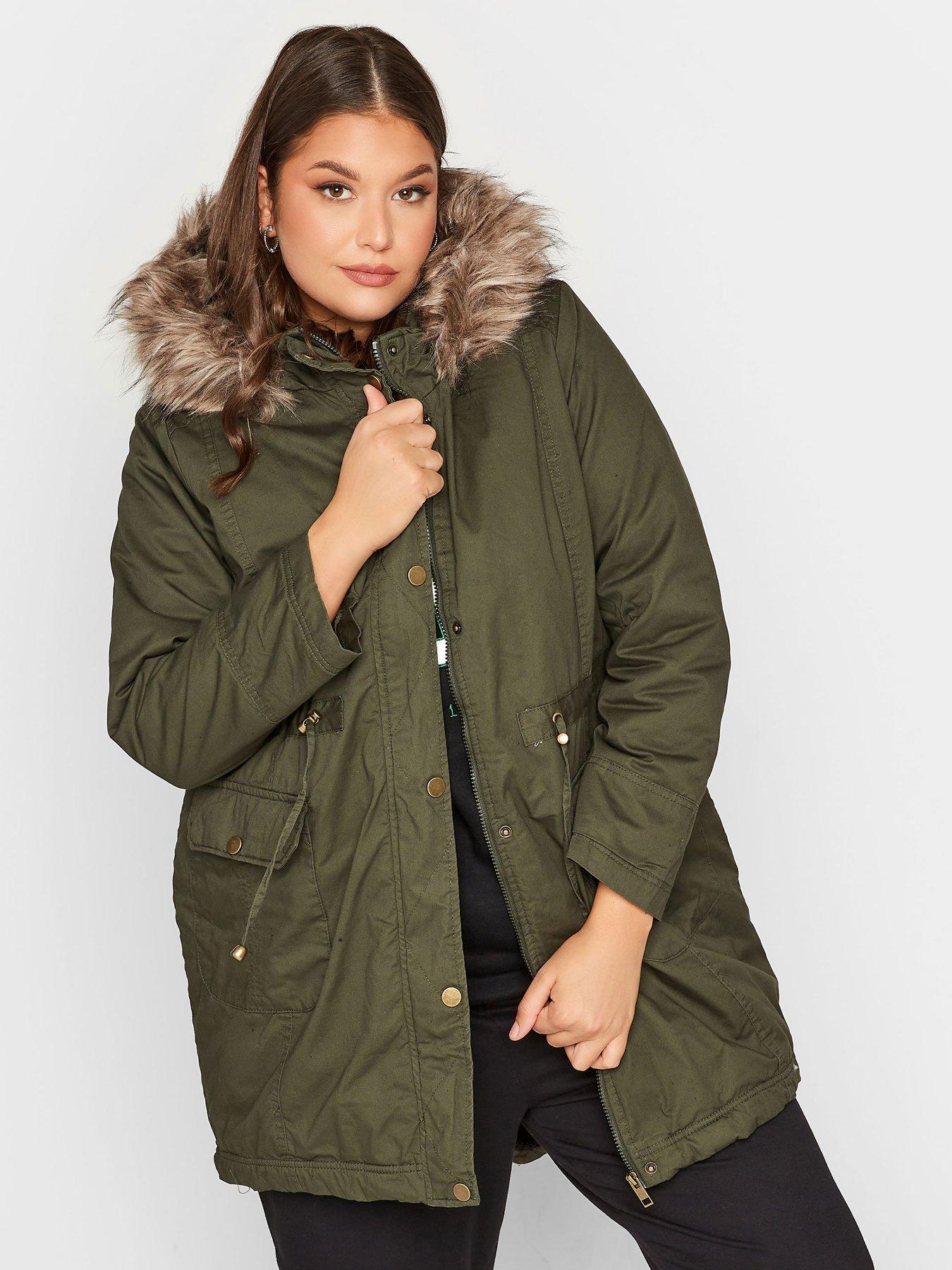 khaki faux fur trim parka