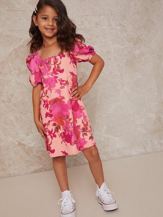 front image of chi-chi-london-girls-floral-print-puff-sleeve-button-up-dress-pink