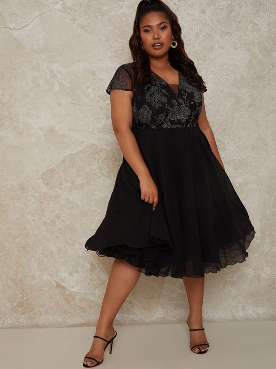 front image of chi-chi-london-curve-plus-size-v-neck-cap-sleeve-embroidered-midi-dress-blacknbsp