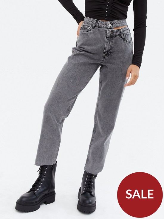 front image of new-look-waist-detail-high-waist-tori-mom-jeans-dark-grey