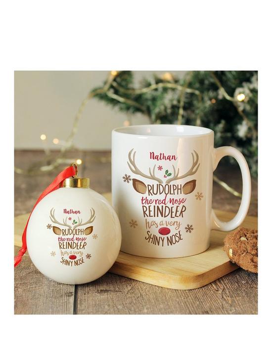 front image of the-personalised-memento-company-rudolph-the-red-nosed-reindeer-mug-bauble-set