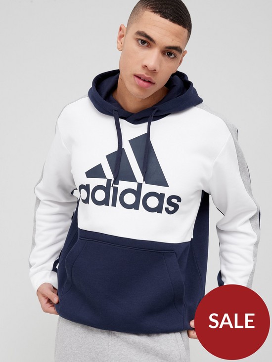front image of adidas-essentials-colourblock-hoodie-greynavy