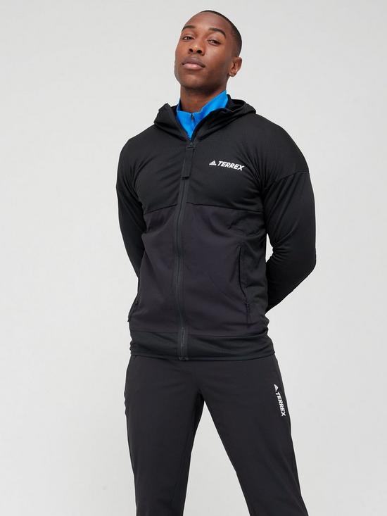 front image of adidas-terrex-tech-flooce-light-hooded-hiking-jacket-black