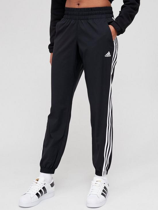 front image of adidas-train-icons-3-stripes-woven-pants-black