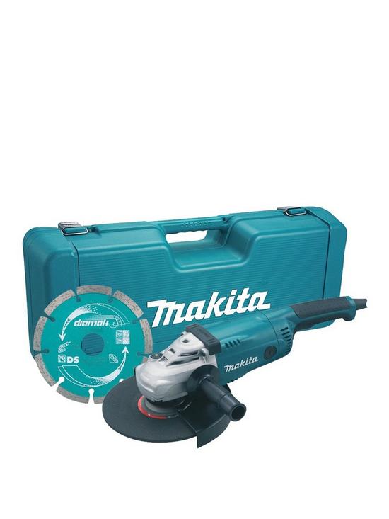 front image of makita-230mm-angle-grinder-2000w-with-general-purpose-diamond-blade-amp-carry-case