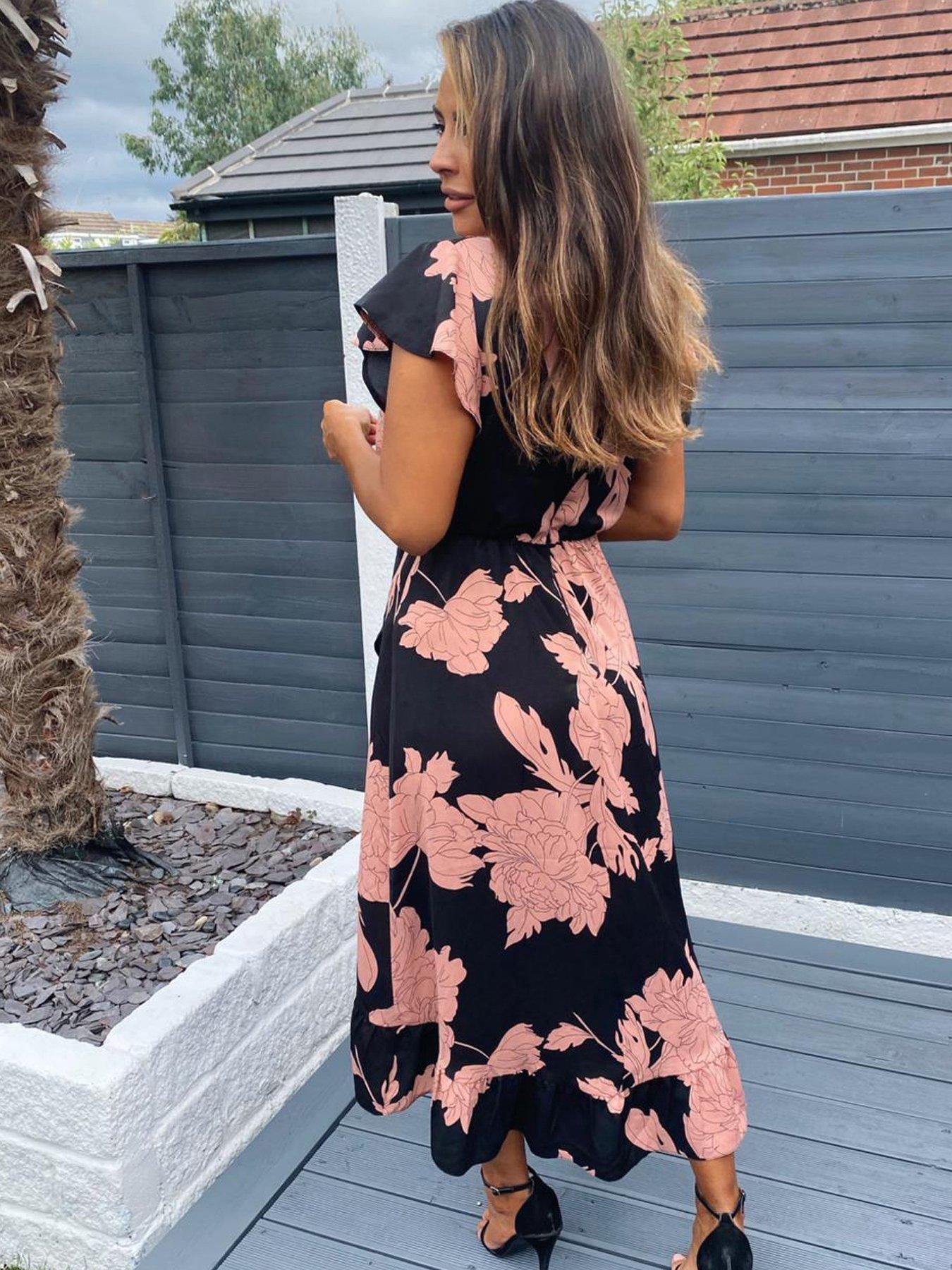 navy and blush floral print bell sleeve midi dress