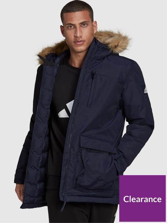 front image of adidas-sportswear-utilitas-hooded-parka-navy