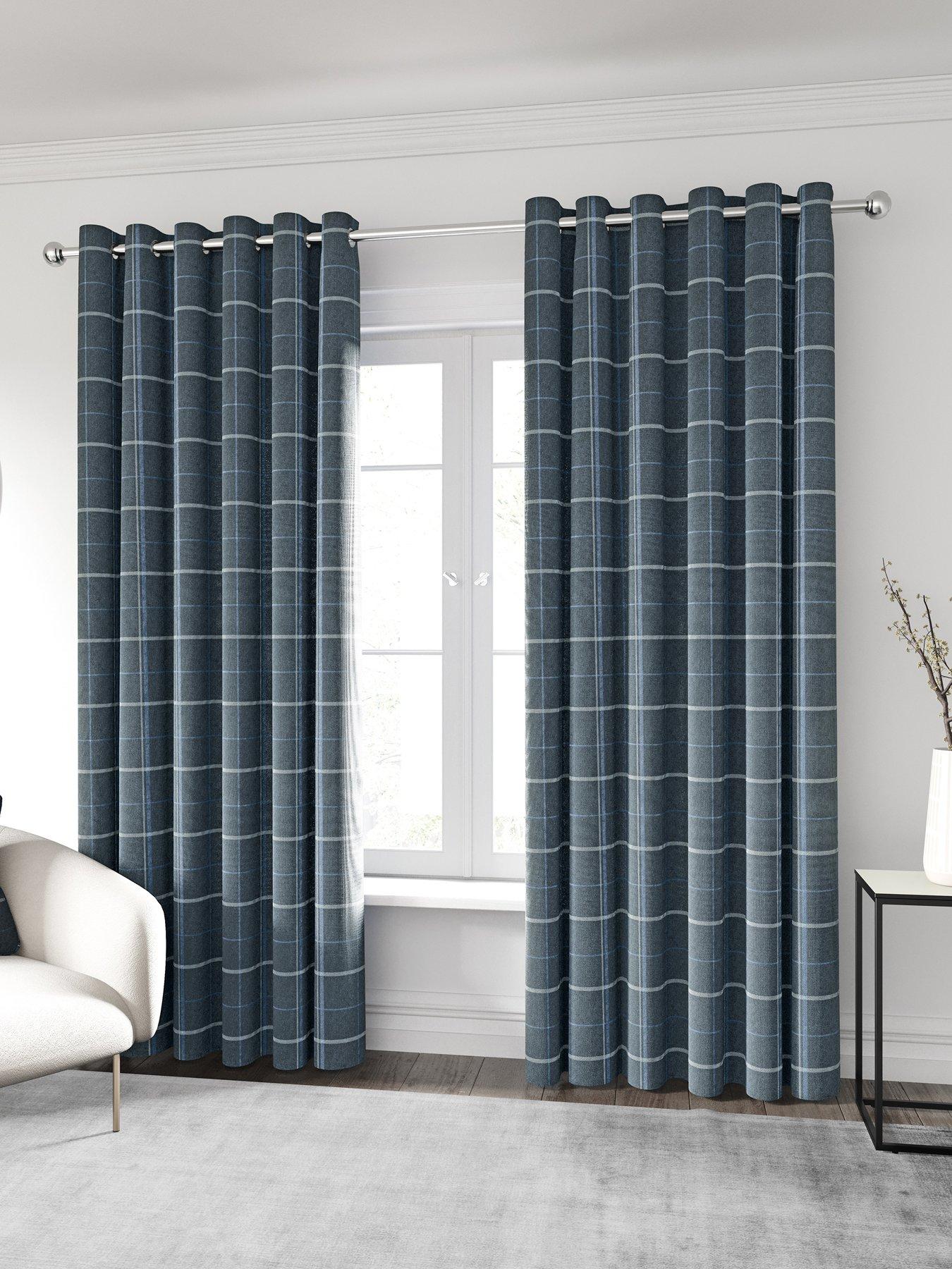 Warrington Tartan Checked Ring Top Eyelet Blackout Lined Curtain In Grey Or Red 