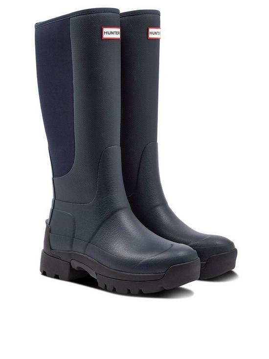 front image of hunter-field-balmoral-hybrid-tall-wellington-boots-navy
