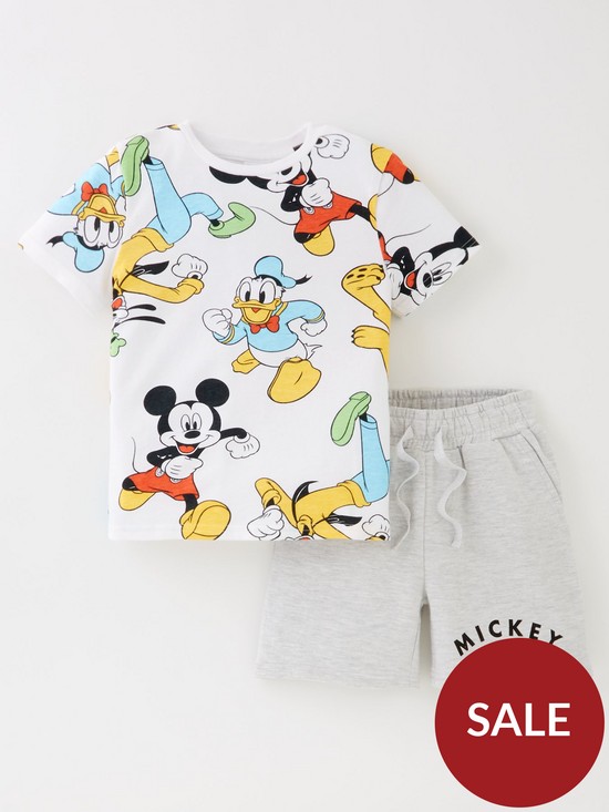 front image of mickey-mouse-boys-disney-mickey-mouse-printed-t-shirt-and-shorts-set-grey